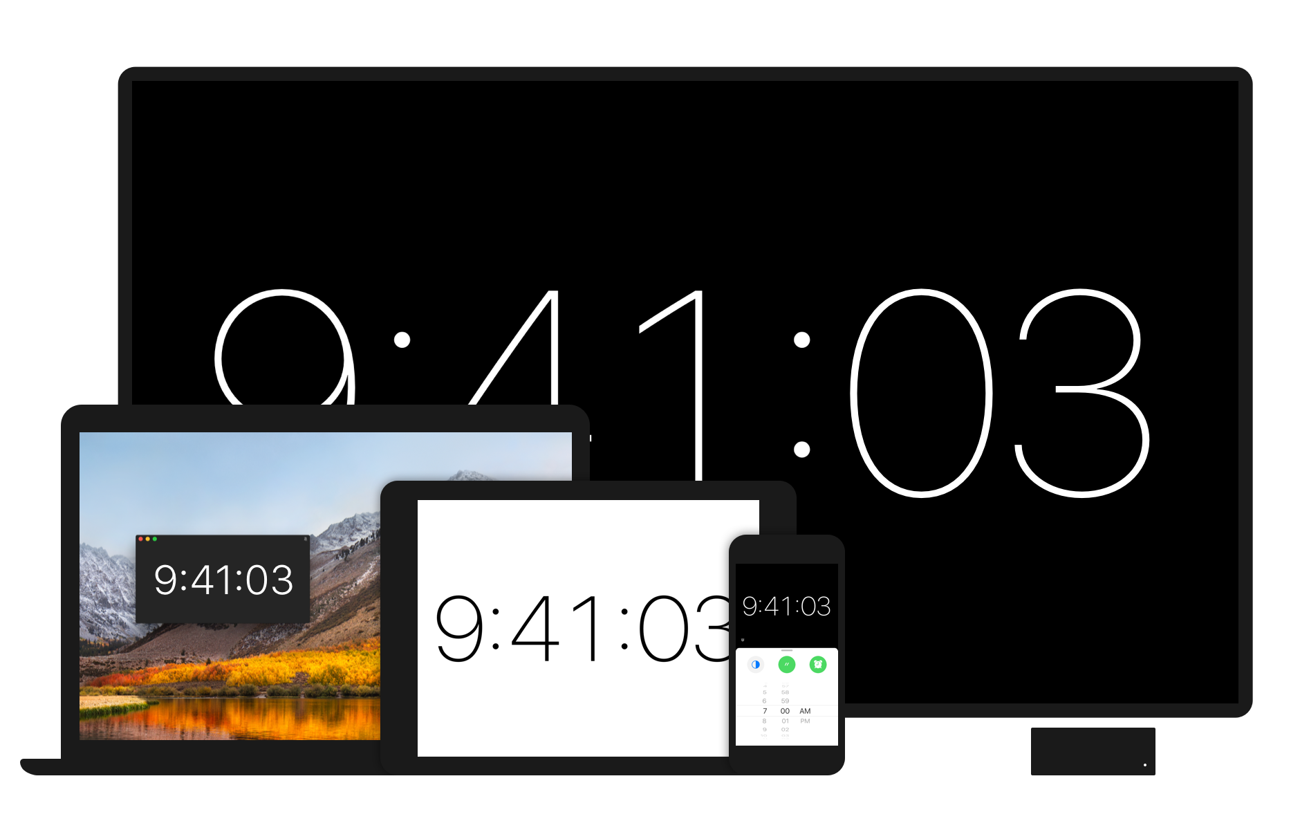 Clocky displayed on a Mac, iPad, iPhone and Apple TV.